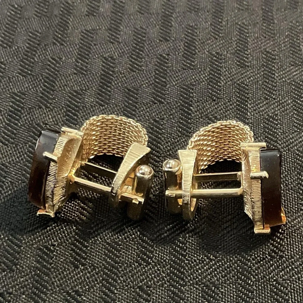 Vintage Gold Tone Mesh Cufflinks Mens Brown Stone Bullet Back Wedding Dress
